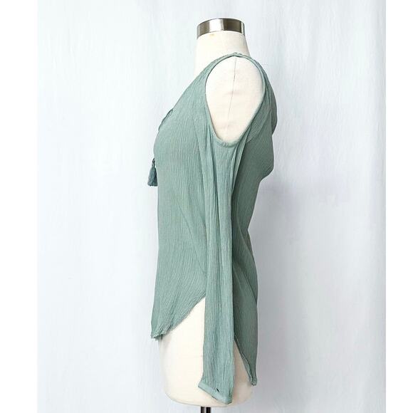 Go> by Gosilk Light Teal Cold Shoulder Washable Silk Peasant Top - Picture 3 of 7